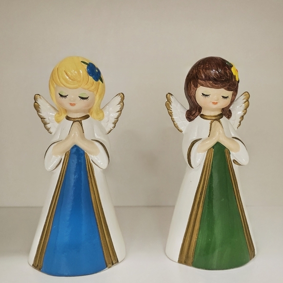 Vintage Homco Ceramic Angel Praying Figurines with Blue and Green Dresses - Picture 2 of 10